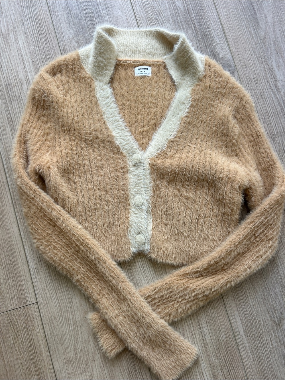 Cotton On Tan Fuzzy Cropped Cardigan with Cream Trim